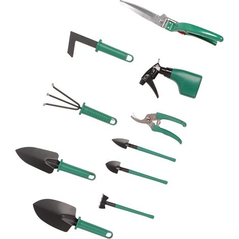 Kit de 10 outils de jardinage, manches ergonomiques en plastique, tête en métal robuste, avec sac de rangement, pour jardin extérieur et aménagement paysager (1/5)