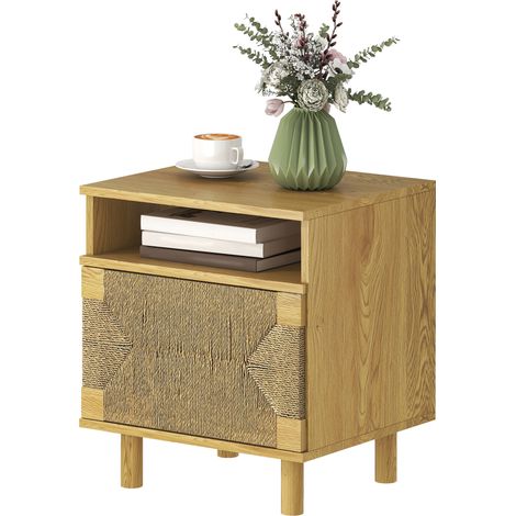 Table de chevet bohème avec porte en corde de papier, étagère ouverte, ouverture par simple pression, chêne, 45 x 39 x 50 cm (1/5)
