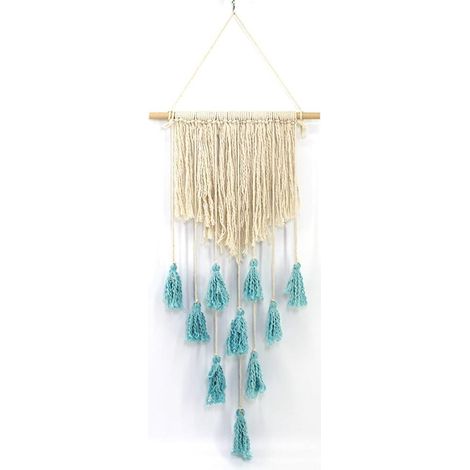Tenture Murale Tressée Macramé Géométrique Bohème 90x40cm, Décor Artisanal en Coton Beige et Bleu, Tapisserie Suspendue pour Salon et Chambre (1/5)