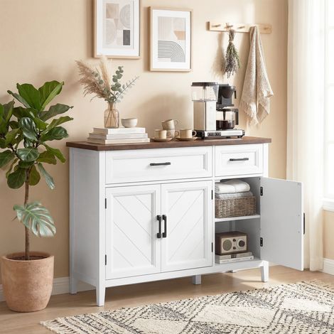 Buffet salon meuble Blanc rangement 3 portes chevron 2 tiroirs et étagères réglables 110x35x80,5 cm