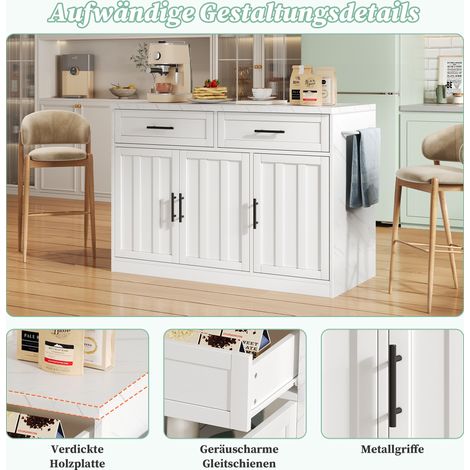MEUBLIV Kücheninsel 120x60x91 cm Weiß – EU-Steckdosen, USB, Stauraum und Bartheke (1/5)