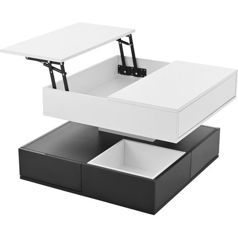 Table basse carrée 70x70x40 cm avec plateau rotatif 360°, 3 tiroirs, noir et blanc brillant (1/5)