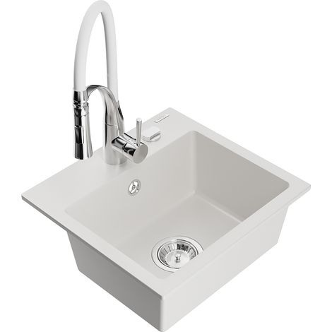 Mexen Milo fregadero de granito de un seno con grifo de cocina Aster, blanco - 6505-20-73450-02 (1/5)
