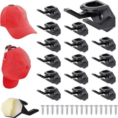 Pack of 16 Black Self-Adhesive Hooks for Hats - Self-Adhesive Wall Hat Holder for Baseball Cap - No Drilling Wall Mount for Bedroom Cap Hanger (1/5)