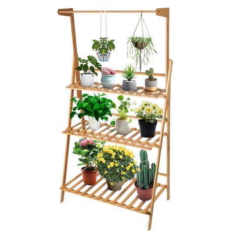 porte-fleurs pliable pour une utilisation intérieure et extérieure panier suspendu Succulentes Pot à aneth vert 70x40x141cm 3 étages étagère trapézoïdale Couleur du bois bambou Peut supporte (1/5)