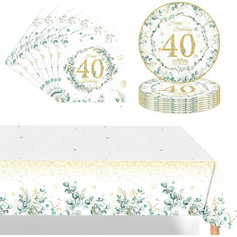 37 Pièces Eucalyptus Assiette Vaisselle Jetable Anniversaire Kit,Vert Sauge Decoration Anniversaire Vaisselle 40 Ans Garçon Fille,Nappe Papier Assiette Serviette pour Decoration Anniversaire 40 Ans (1/4)