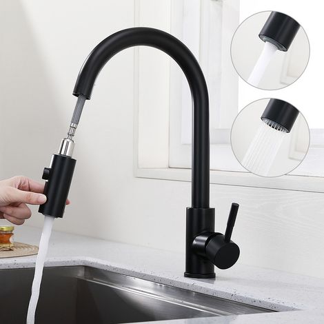 Rubinetto da cucina nero in acciaio inox, miscelatore estraibile 360° con 2 getti, alta pressione, miscelatore lavello cucina moderno e funzionale (1/5)