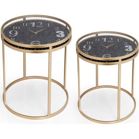Ensemble de deux tables basses en métal doré et plateau en verre horloge (1/2)