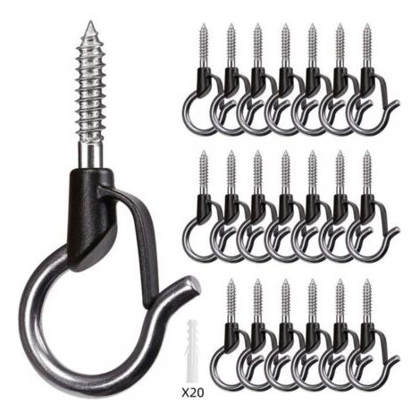 QORVA-Lot de 20pcs 5.3cmNoir Crochet à Visser pour Lumière de Noël, Plantes Suspendues Dans le Jardin, Fil de Fer, Tasses, Ustensiles de Cuisine avec Boucle de Sécurité