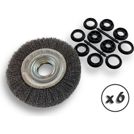 Lot de 6 brosses circulaires ACIER Ø 150 mm Epaisseur 3 rangs Fil dur 0.30 mm ondulé Alésage 32 mm + réducteur bague 25/22/20/16/12 mm Touret affûteuse ponceuse Kibros 235153ATx6