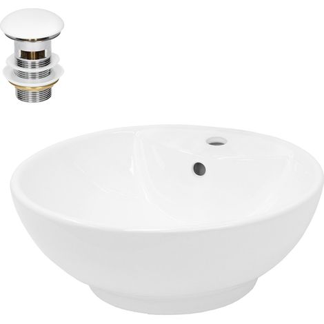 ECD Germany Lavabo Ronde en Céramique, 455x455x185 mm, Blanc, avec Garniture de Vidage 1 1/4, pour Lavabo sans Trop-Plein, Vasque à Poser, Évier Moderne, Lave-Mains, Cuvette Salle de Bain Toilette