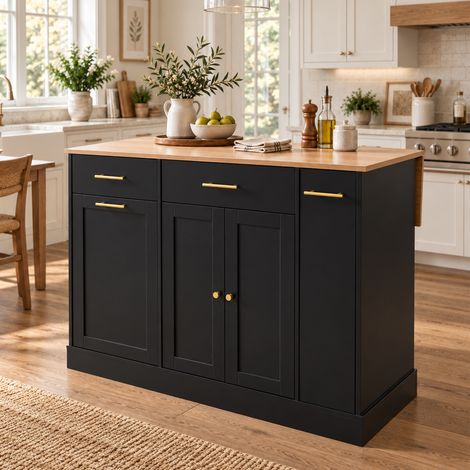 Isla de cocina 120 cm con encimera abatible, estante extraíble y cubo de basura, negro natural (1/5)