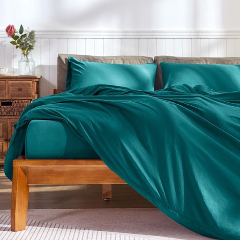 Parure de lit Double 100% Microfibre lavée avec Fermeture éclair et 8 Attaches de Coin Housse de Couette Respirante et Ultra Douce avec taies d'oreiller Vert Sarcelle lit Double (1/5)