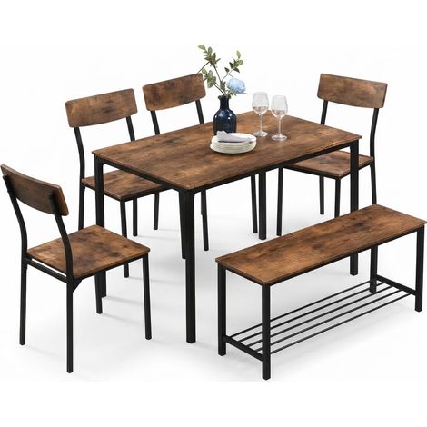 ELVMI Ensemble table et chaises avec 1 table, 4 chaises et 1 tabouret, plateau brun, MDF et acier, marron (1/5)