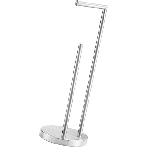 Porte-papier toilette sur pied en métal avec deux barres et une base ronde couleur argent. (1/5)