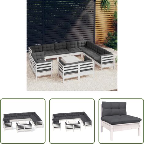 Terrassensofa -  13-tlg. Garten-Lounge-Set mit Kissen Weiß Massivholz Kiefer (1/5)