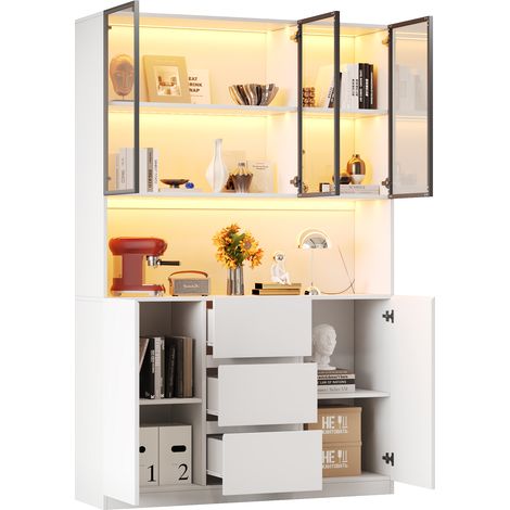 Vitrine en Verre avec LED Multicolore 120x40x200 cm - Meuble Vitrine Blanc en MDF avec Tiroirs et Portes (1/5)
