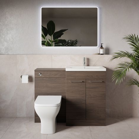 Napoli 390 Brown Oak 1100mm 2 Door Vanity Unit Toilet Suite with Glide Basin - 1100mm - Chrome 160mm HandleWith Kingston Toilet Pan and Seat
