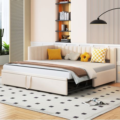 Cama sofá multifunción extraíble tapizada beige OKMYHOME (1/5)