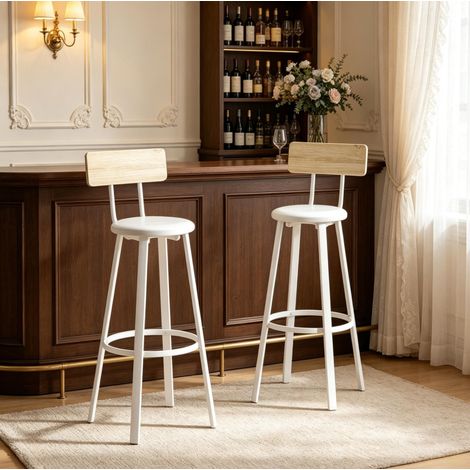 Set di 2 sgabelli da bar 41,5/36,5/99,5 cm in rovere e bianco con schienale e poggiapiedi (1/5)