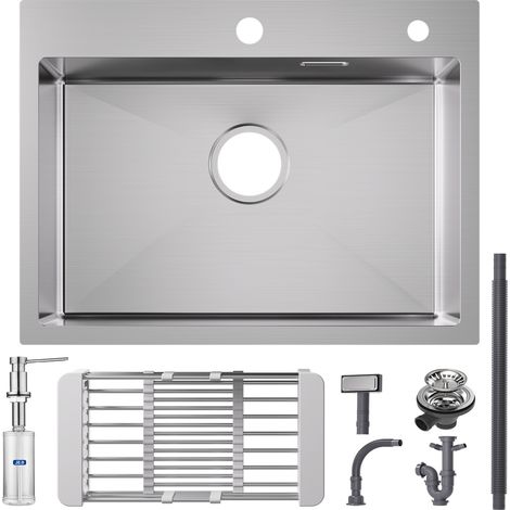 Cecipa Lavello da cucina 1 vasca 60×45×18 cm Lavello da cucina in acciaio inox 304 spazzolato con cestello di scarico + dispenser di sapone da cucina spazzolato con contenitore da 300 ml (1/5)
