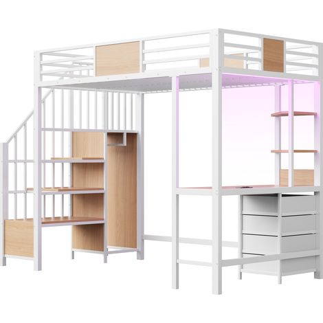 Weißes Metall-Hochbett 90x200 cm mit Schreibtisch, Ablagen, Kleiderstange, LED und Steckdose (1/5)