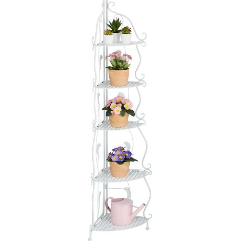 Relaxdays Scaffale Angolare Portafiori in Acciaio, 5 Ripiani Pieghevoli, Portavasi Piante e Fiori, 136x30x30 cm, Bianco