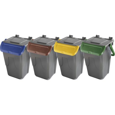 Set 4 bidoni porta rifiuti - capacità 35 litri - bicolor con fondo grigio e coperchi con sportelli basculanti colorati (Giallo, Blu, Verde e Marrone) per raccolta differenziata