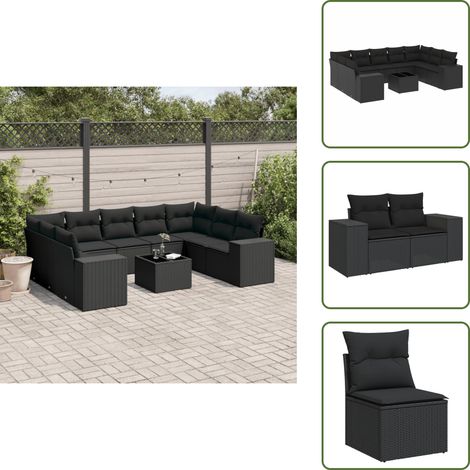 10-tlg. Garten-Sofagarnitur mit Kissen Schwarz Poly Rattan - Gartenmöbel - Esstischgarnituren - Outdoor Möbel - Lounge Set - Rattan Gartenmöbel