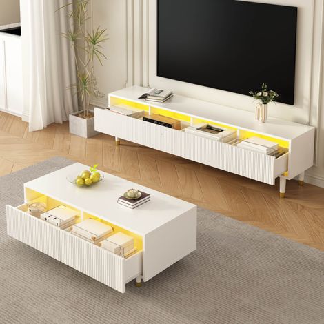 Ensemble mobilier design avec éclairage LED : buffet TV 4 portes et table basse 2 tiroirs – blanc et or, structure ondulée, façades acrylique, style chic moderne. (1/5)