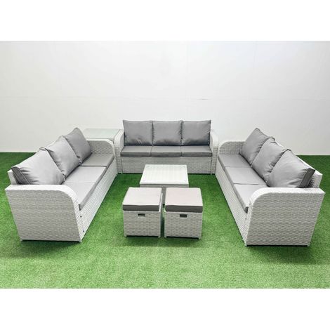 Fimous PE Rattan Lounge Sofa Set 11 Seater Outdoor Garden Furniture Set with Square Coffee Table 3 Seater Sofa 2 Stools Side Table Light Grey (1/4)