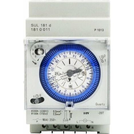 Minuterie Analogique - Moteur Synchrone - Programmation Quotidienne - 12 V AC/DC - 96 Segments 15 Min - Affichage 12/24 H - Montage Rail DIN - 1 Pièce