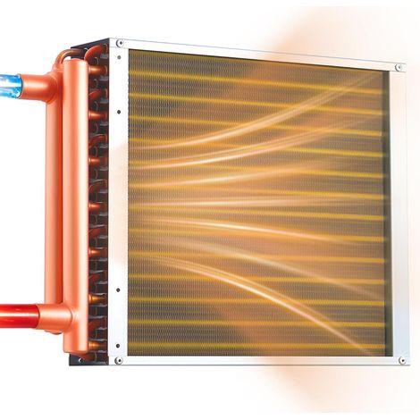 Échangeur de chaleur air-eau chauffage 19,05 kW tubes cuivre ailettes alu 356x356 mm pour chaudière bois et CVC (1/5)