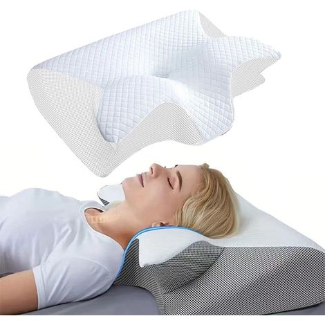Oreiller ergonomique cervical – 2 en 1 mousse mémoire – pour nuque et dos – dormir sur le côté/ventre – Blanc (1/5)