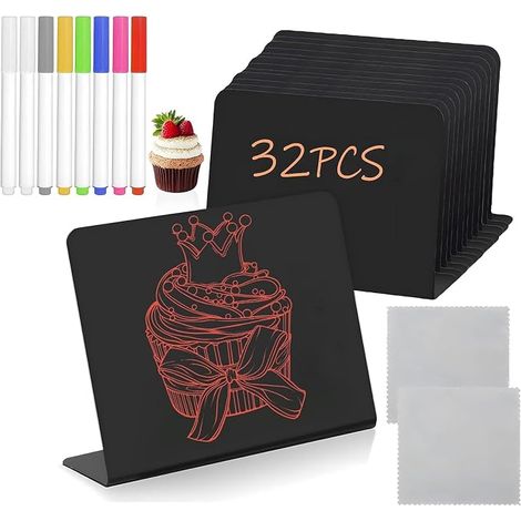 Mini Chalkboard Set, 32 Pieces + 8 Pens + 2 Cleaners, L Shape 100x75mm for Message Boards, Price Tags, Table Cards, Buffet Signs, Wedding, Party (1/5)