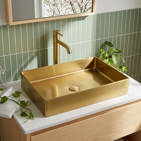 Swiss Aqua Technologies Aurum Vasque à poser en Acier inoxydable 304, 55x38x11cm sans trop-plein + Bonde, Or brossé PVD (SATAUR5538BG) (1/5)