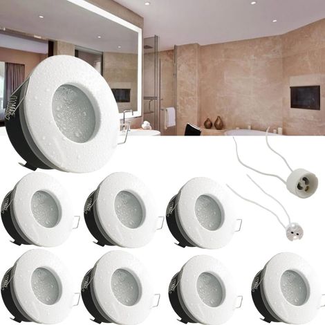 Lot de 8 spots encastrés LED IP65, ronds, blancs, étanches, avec douille GU10/MR16, pour salle de bain/toilettes, diamètre 82 mm, diamètre de découpe au plafond 70 mm, non orientables (ampoule non inc (1/5)