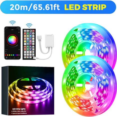 (20m) Bande lumineuse LED RGB à changement de couleur, avec télécommande à 44 touches et contrôle par application, synchronisation musicale. (1/5)