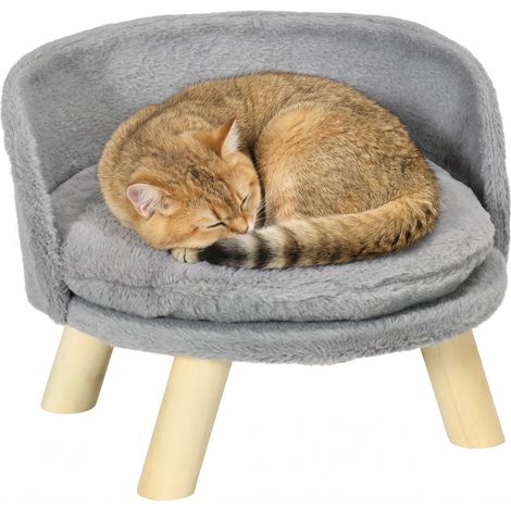 Panier lit chien style scandinave Ø40,5x33 cm avec coussin moelleux amovible et pieds bois, couchage gris confortable (1/5)