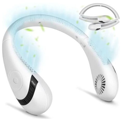 Ventilateur de cou portable, ventilateur personnel portable de refroidissement à 360 ° 3 vitesses 5000 mAh à piles rechargeables (blanc)-