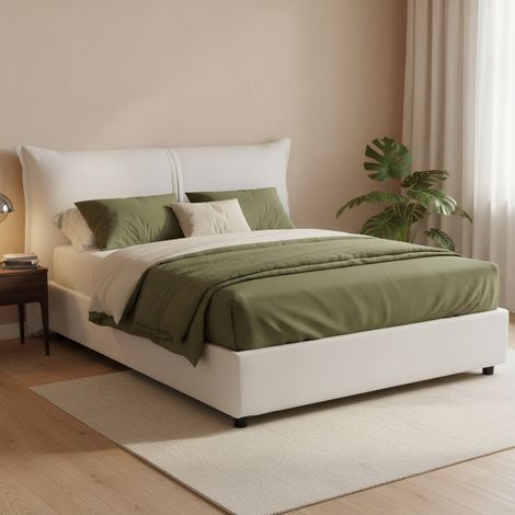 Talamo Italia Cama matrimonial Cloide, Cama contenedor con revestimiento de tela, 100% Made in Italy, Apertura frontal, con colchón de Cm 160x200 incluido, Blanco, con embalaje reforzado (1/5)