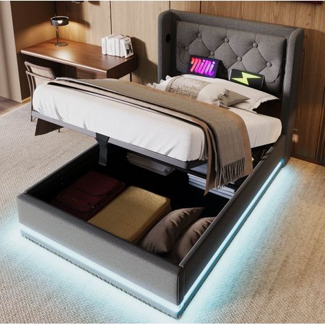 Lit rembourré 90x200 cm gris coton, avec sommier a lattes, coffre relevable, tete de lit USB/Type-C et LED (1/5)