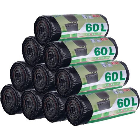 200 pièces 50L-60L Sacs Poubelle Anti-Fuite Ultra Résistant Poignées Lien Coulissants Lot de 10 rouleaux Taille Large 71 x 64 cm Noir