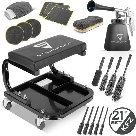 STAHLWERK set de taller y limpieza de coches 21 piezas - taburete de taller con 118 kg de capacidad de carga, pistola de limpieza de aire comprimido con efecto tornado, cepillo de microfibra para bord (1/5)