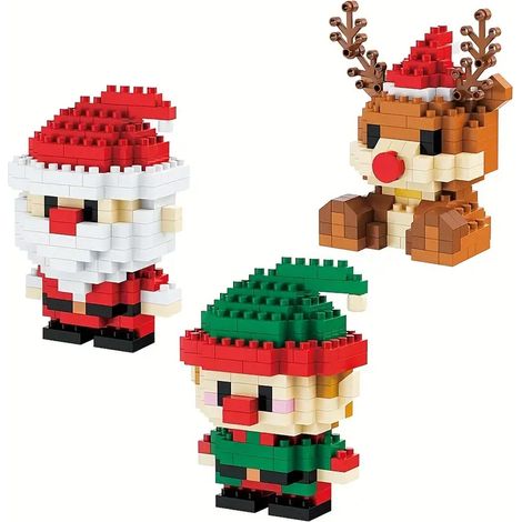 3 Mini-Bausteine mit weihnachtlichen Cartoon-Motiven: Weihnachtsmann, Weihnachten, Weihnachtselfen, Mini-Weihnachtsfiguren, Tischdekoration, Weihnachtsgeschenke