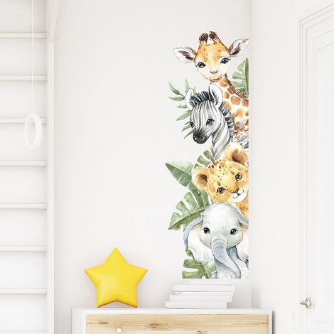 Wandtattoos mit Dschungeltieren im Cartoon-Stil, grünen Blättern, Zebra und Giraffe, geeignet zur Dekoration von Kinderzimmerwänden
