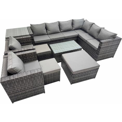 Fimous Patio Sofa Oblong Coffee Table Set Rattan Garden Furniture Set with 2 Chairs 3 Stools Side Table Dark Grey Mixed (1/5)