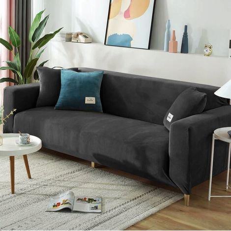 Housse pour canapé d'angle 4 places, velours noir (1/5)