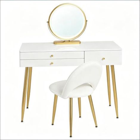 Coiffeuse LED 100cm miroir rond avec chaise velours 3 tiroirs blanc or