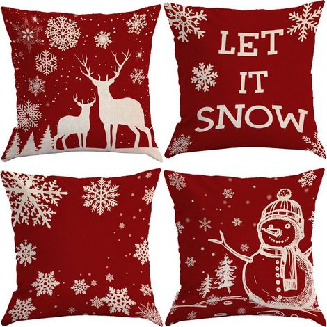 4PCS Thème de Noël Housse de Coussin,Taie d'oreiller de Flocon de Neige,Taie d'oreiller de Noël,Noël Housse de Coussin,Taie d'oreiller de Noël pour Canape (Rouge Blanc) (1/5)